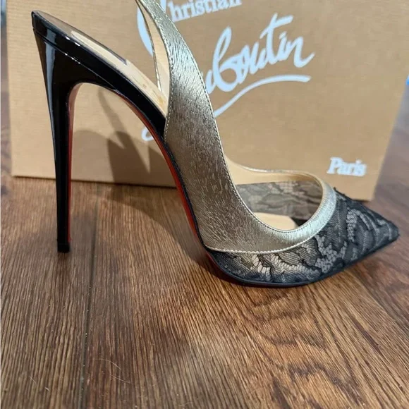 Christian Louboutin Black Lace and Metallic Gold Slingback Pumps - Picture 2 of 11